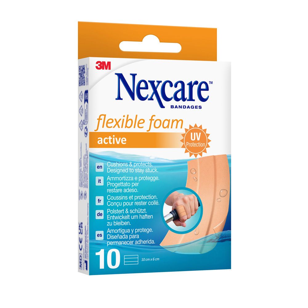 Nexcare flexible foam active. 10 pansements. Résistant à l'eau, longue durée. 10 x 6 cm. Emballage.