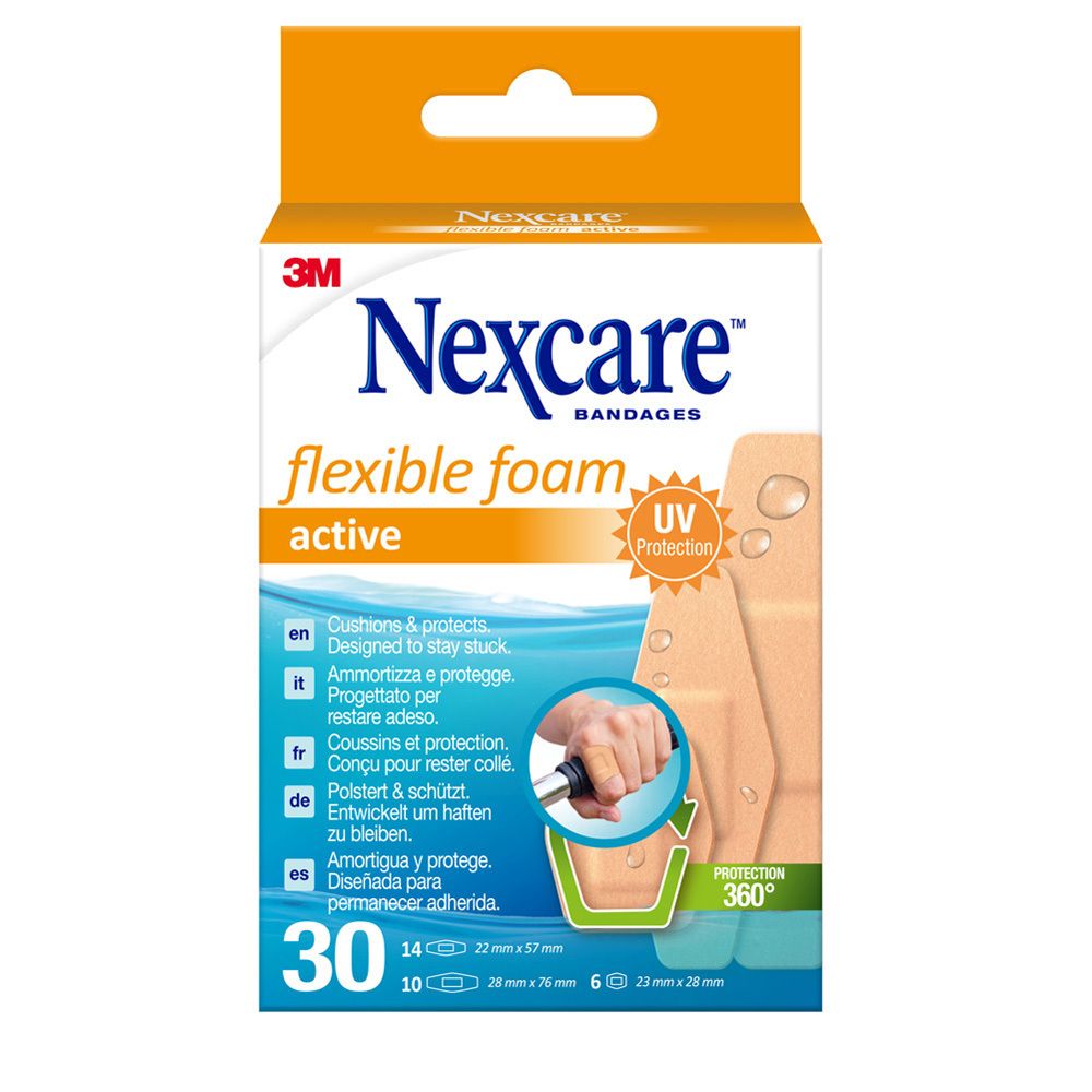 Boîte de pansements Nexcare flexible foam. 30 pansements, différentes tailles.