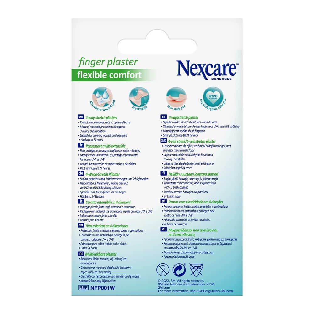 Dos de la boîte de pansements pour doigts Nexcare. Informations produit multilingues.
