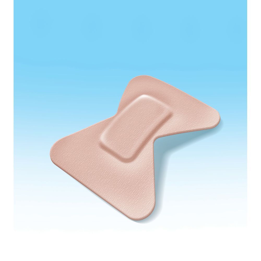 Deux pansements pour doigts. Couleur beige. Sur fond bleu.