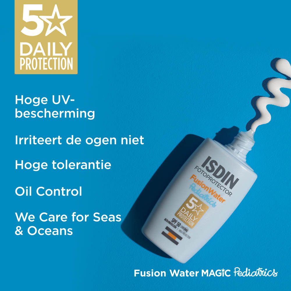 Flacon ISDIN FusionWater. Texte : 5 Daily Protection. Haute protection UV. Ne pique pas les yeux.