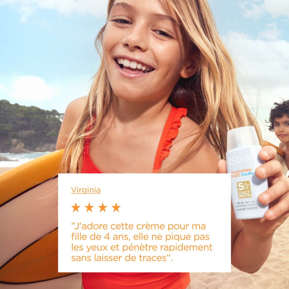 Emballage du produit. Inscription : ISDIN, Fotoprotector, FusionWater, Pediatrics, 5 Daily Protection, SPF 50.