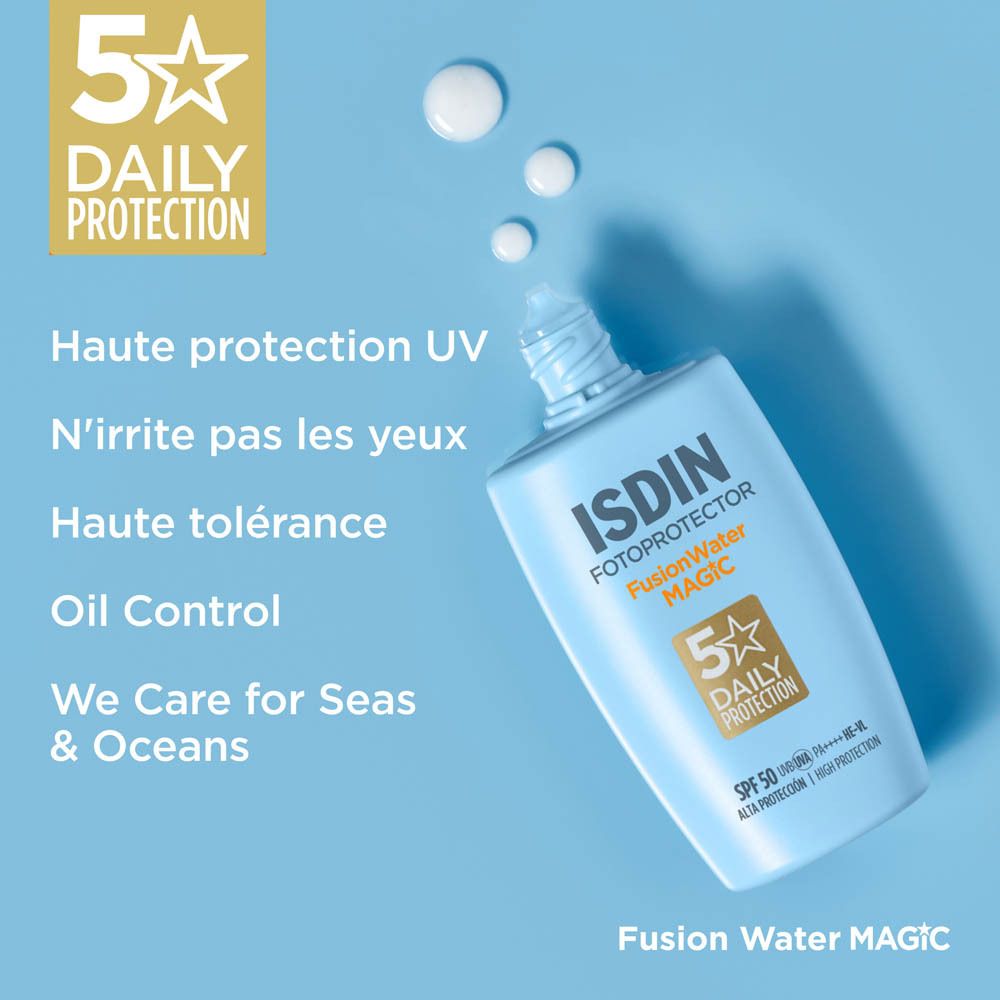 ISDIN Fotoprotector FusionWater MAGIC et gouttes. Texte: 5 Star Daily Protection.