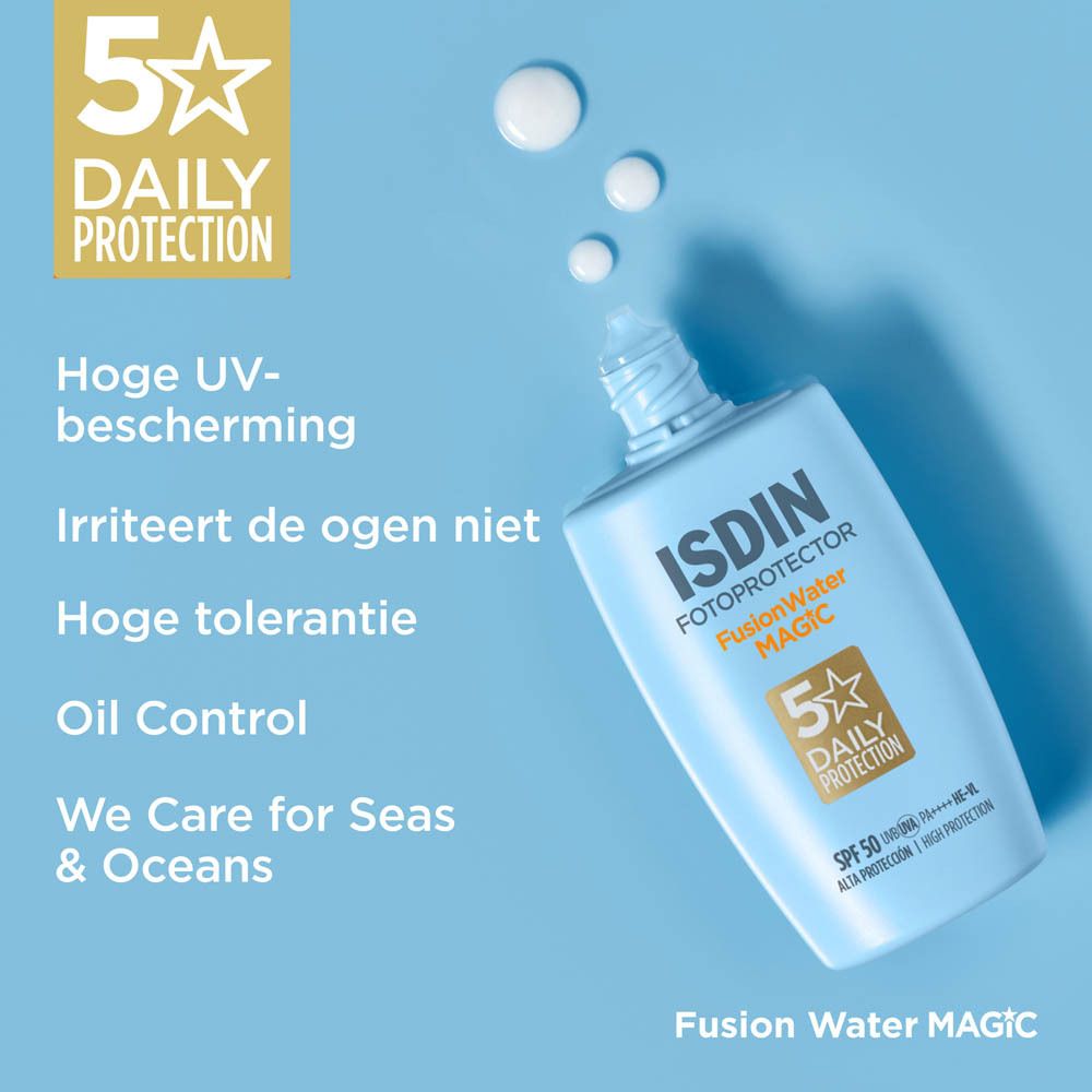 ISDIN Fotoprotector FusionWater Magic. Flacon avec texte: SPF 50, 5x Daily Protection. Texte: N'irrite pas les yeux.
