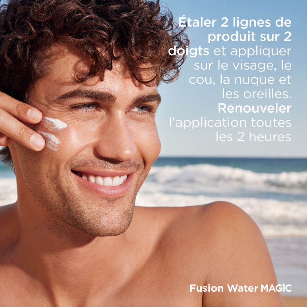 Homme appliquant ISDIN FusionWater MAGIC. Texte: Appliquer sur le visage.