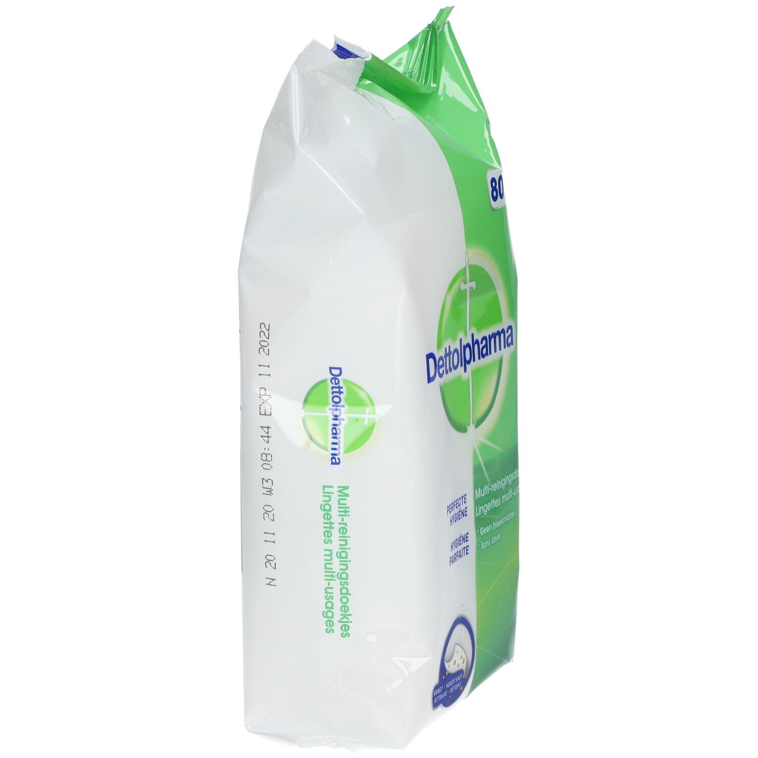 Vue latérale du paquet de lingettes multi-usages Dettol Pharma. Emballage vert et blanc avec logo et texte. Date.