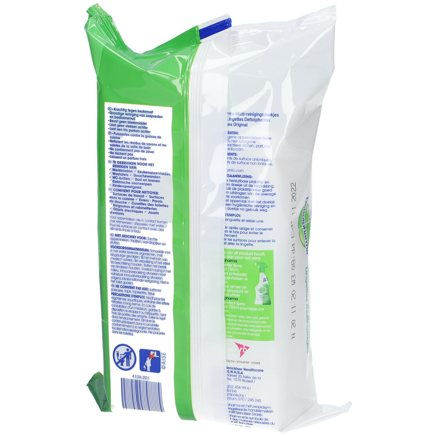 Dos du paquet de lingettes multi-usages Dettol Pharma. Emballage vert et blanc avec texte et logos. Instructions.