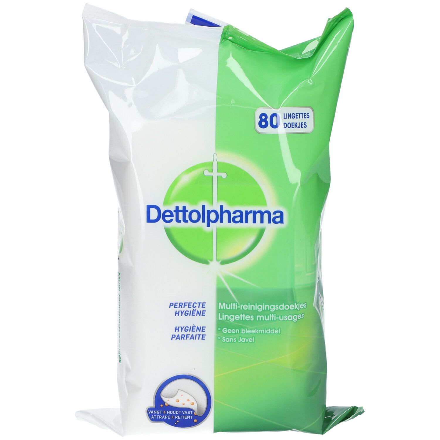 Paquet de lingettes multi-usages Dettol Pharma. Emballage vert et blanc avec logo et texte. Contient 80 lingettes.
