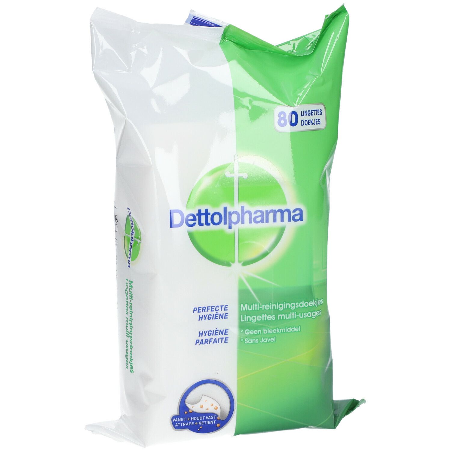 Paquet de lingettes multi-usages Dettol Pharma. Emballage vert et blanc avec logo et texte. Contient 80 lingettes.