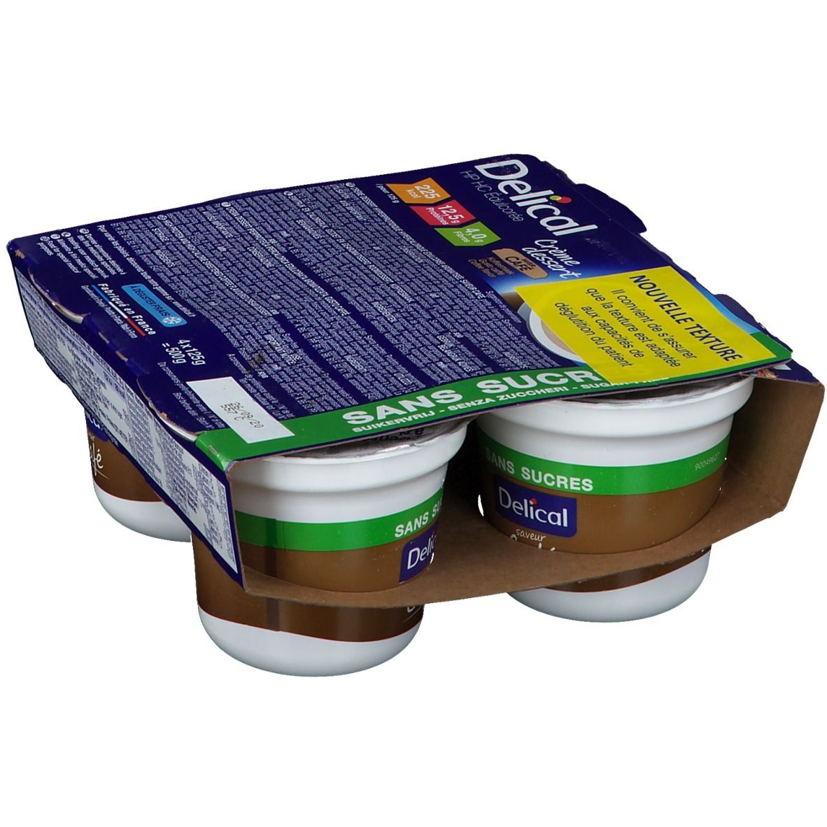 Pack de quatre pots Delical Crème dessert Café. Inscription Sans Sucre. Pots marron, couvercles verts.