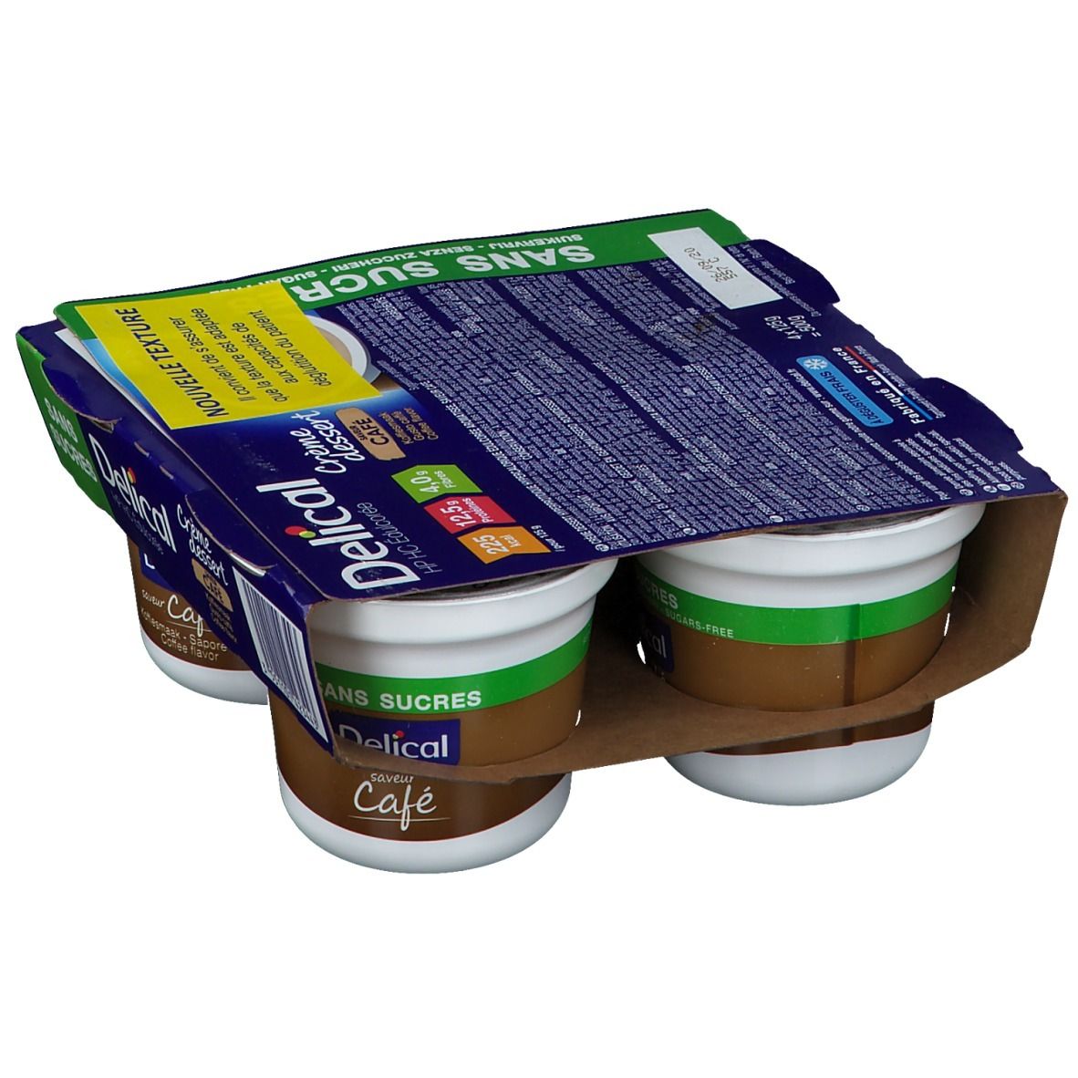 Pack de quatre pots Delical Crème dessert Café. Inscription Sans Sucre. Pots marron, couvercles verts.
