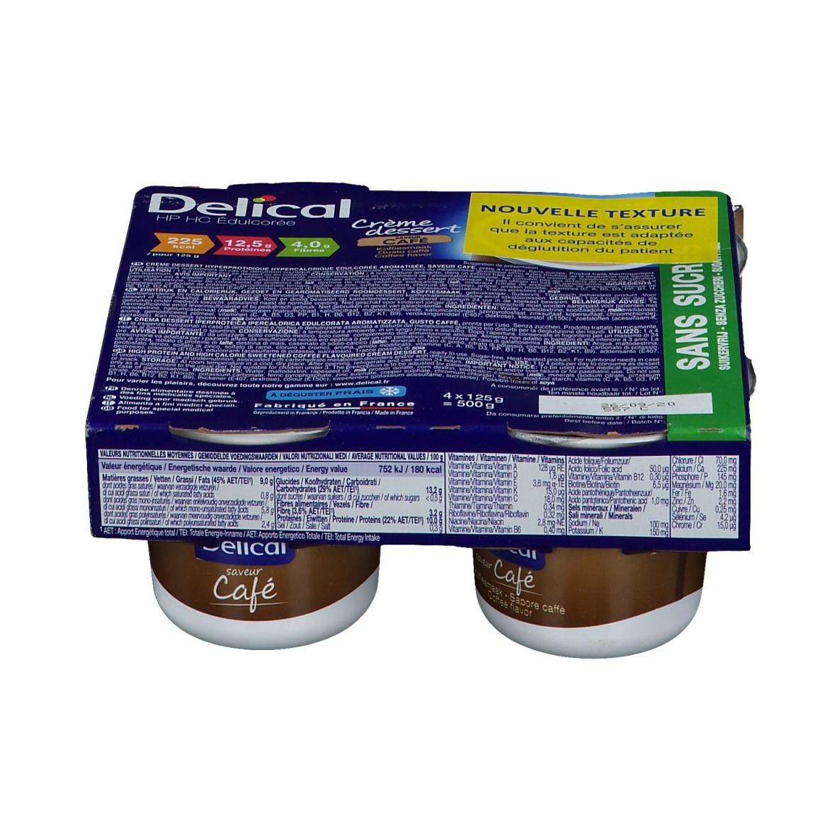 Pack de quatre pots Delical Crème dessert Café. Inscription Sans Sucre. Pots marron, couvercles verts.