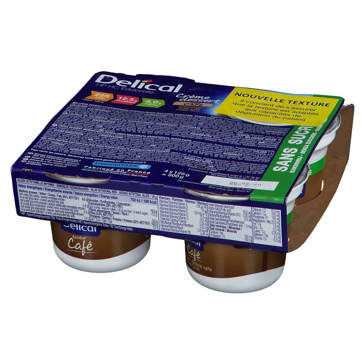 Pack de quatre pots Delical Crème dessert Café. Inscription Sans Sucre. Pots marron, couvercles verts.