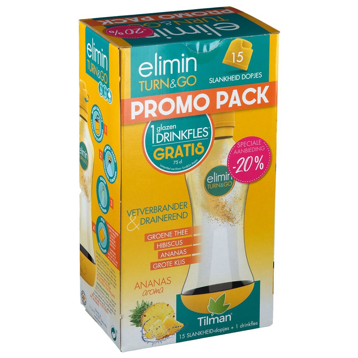 Boîte jaune "Elimin Turn&Go Promo Pack". Contient 15 bouchons minceur et une gourde en verre. Saveur ananas.