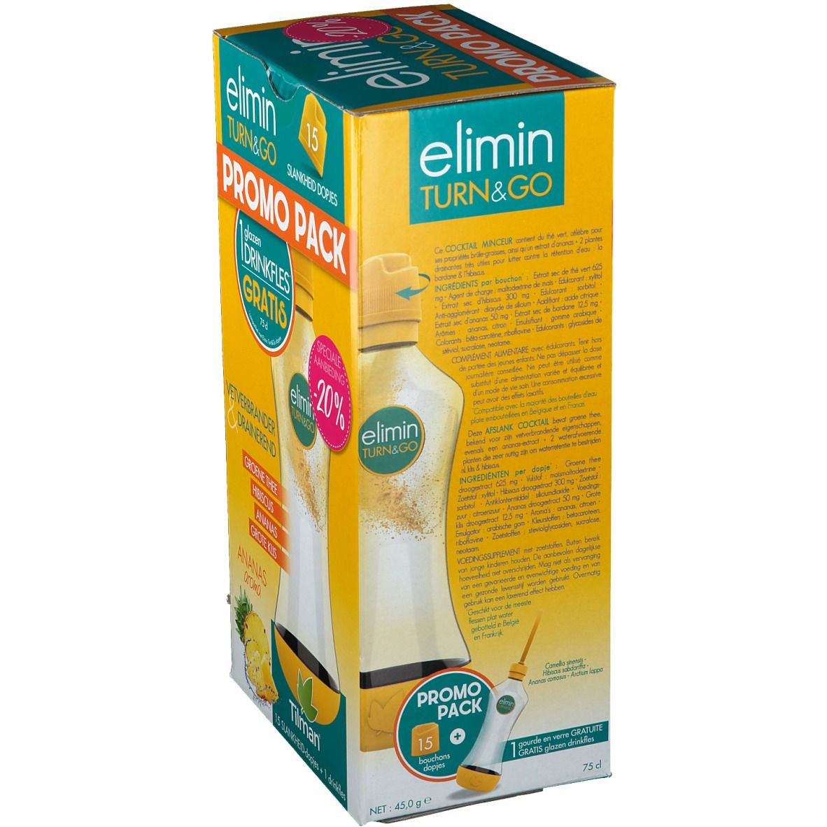 Boîte jaune "Elimin Turn&Go Promo Pack". Contient 15 bouchons minceur et une gourde en verre. Saveur ananas.