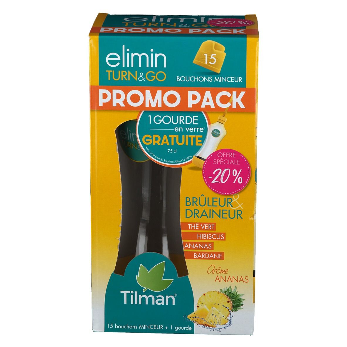 Boîte jaune "Elimin Turn&Go Promo Pack". Contient 15 bouchons minceur et une gourde en verre. Saveur ananas.