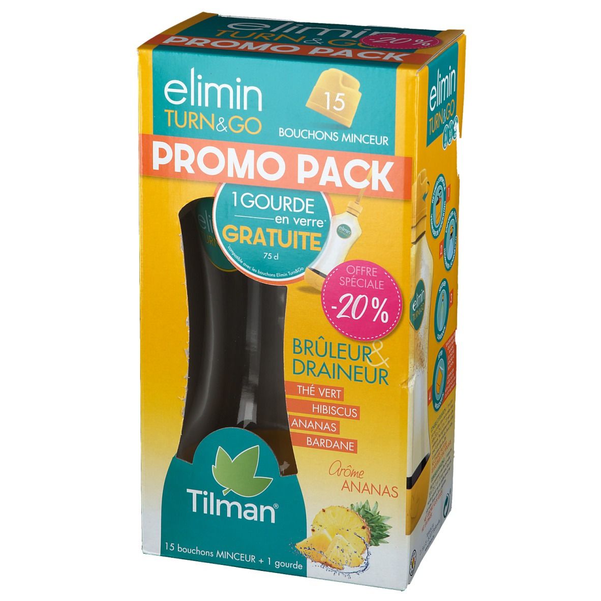 Boîte jaune "Elimin Turn&Go Promo Pack". Contient 15 bouchons minceur et une gourde en verre. Saveur ananas.