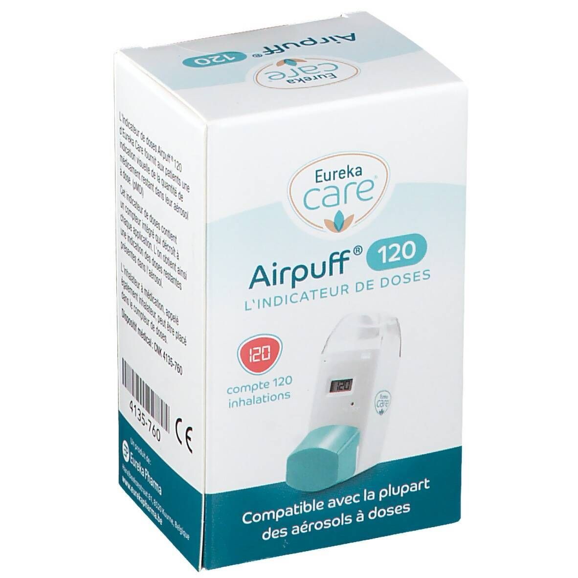 Boîte Airpuff 120. Carton blanc avec image et texte du produit. Indique 120 inhalations.