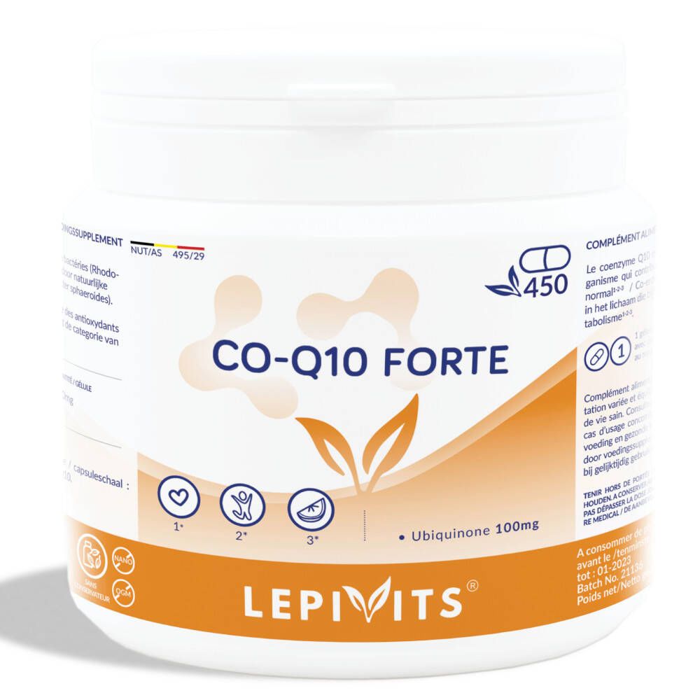 Boîte blanche CO-Q10 FORTE, LEPIVITS. Contient Ubiquinone 100mg. Accents orange.