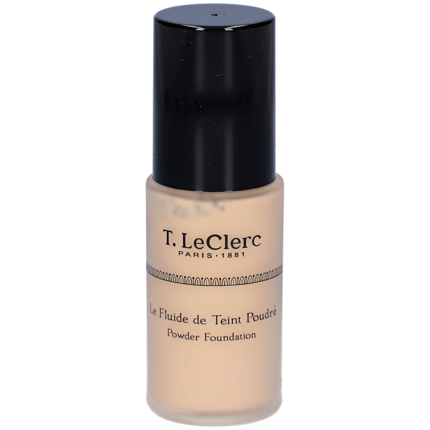 Fond de teint fluide mat T. LeClerc. Flacon beige avec bouchon noir. Inscription: Le Fluide de Teint Poudré, Powder Foundation.