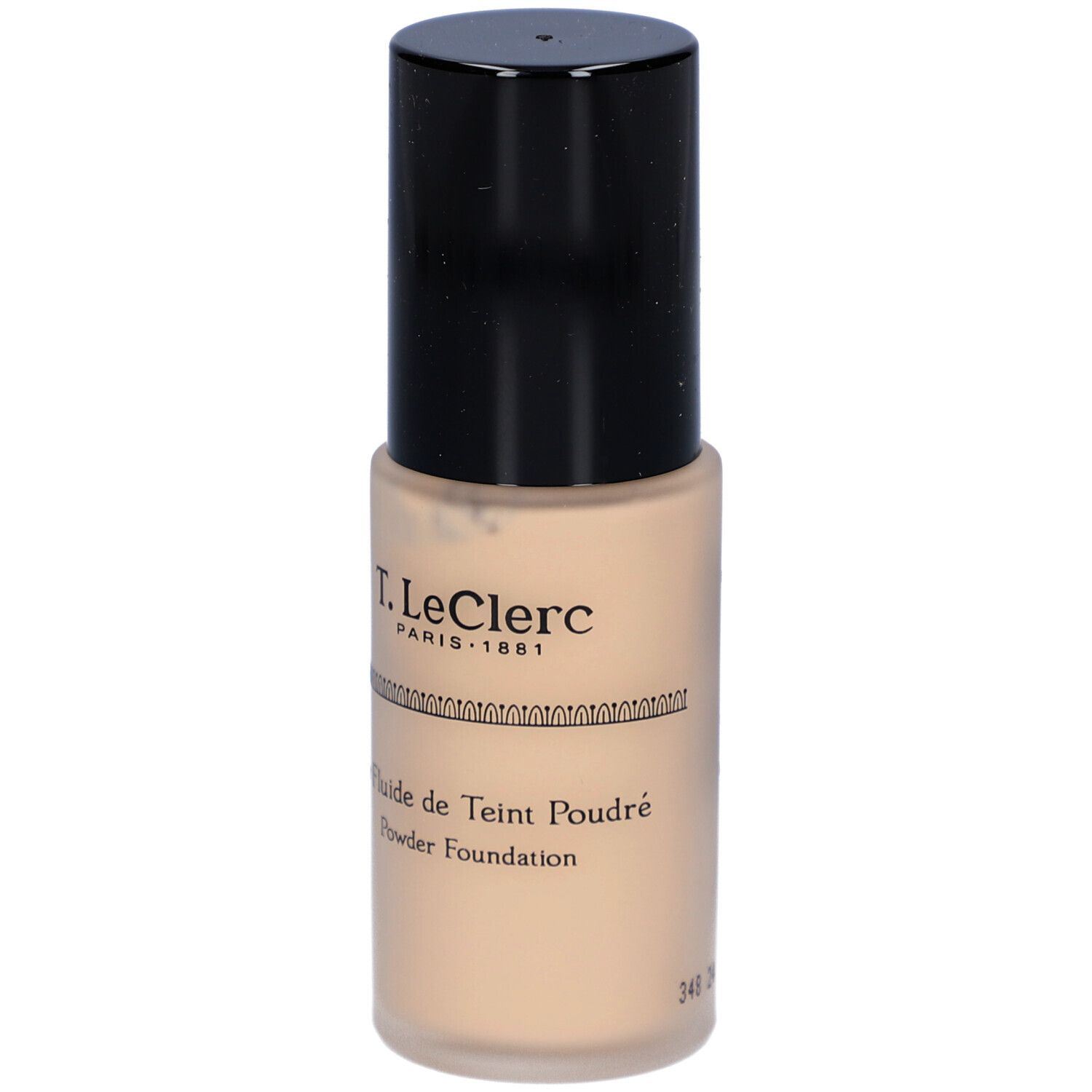 Fond de teint fluide mat T. LeClerc. Flacon beige avec bouchon noir. Inscription: Le Fluide de Teint Poudré, Powder Foundation.