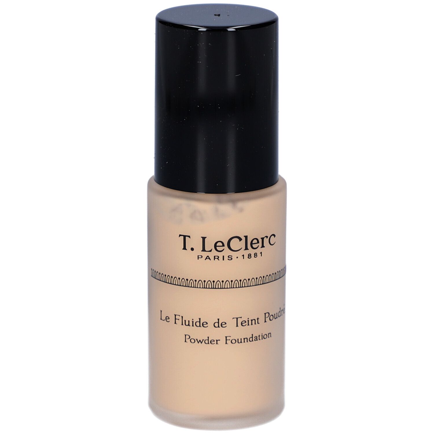 Fond de teint fluide mat T. LeClerc. Flacon beige avec bouchon noir. Inscription: Le Fluide de Teint Poudré, Powder Foundation.