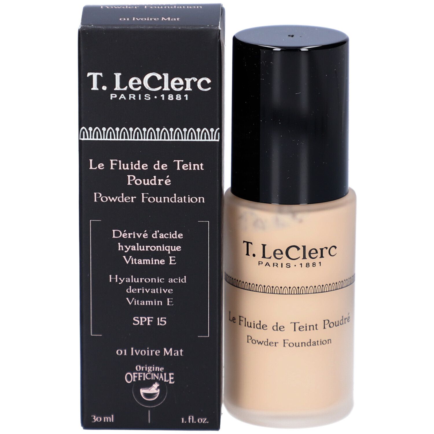 Fond de teint fluide mat T. LeClerc et emballage. Boîte noire et flacon beige. Inscription: Le Fluide de Teint Poudré, Powder Foundation.