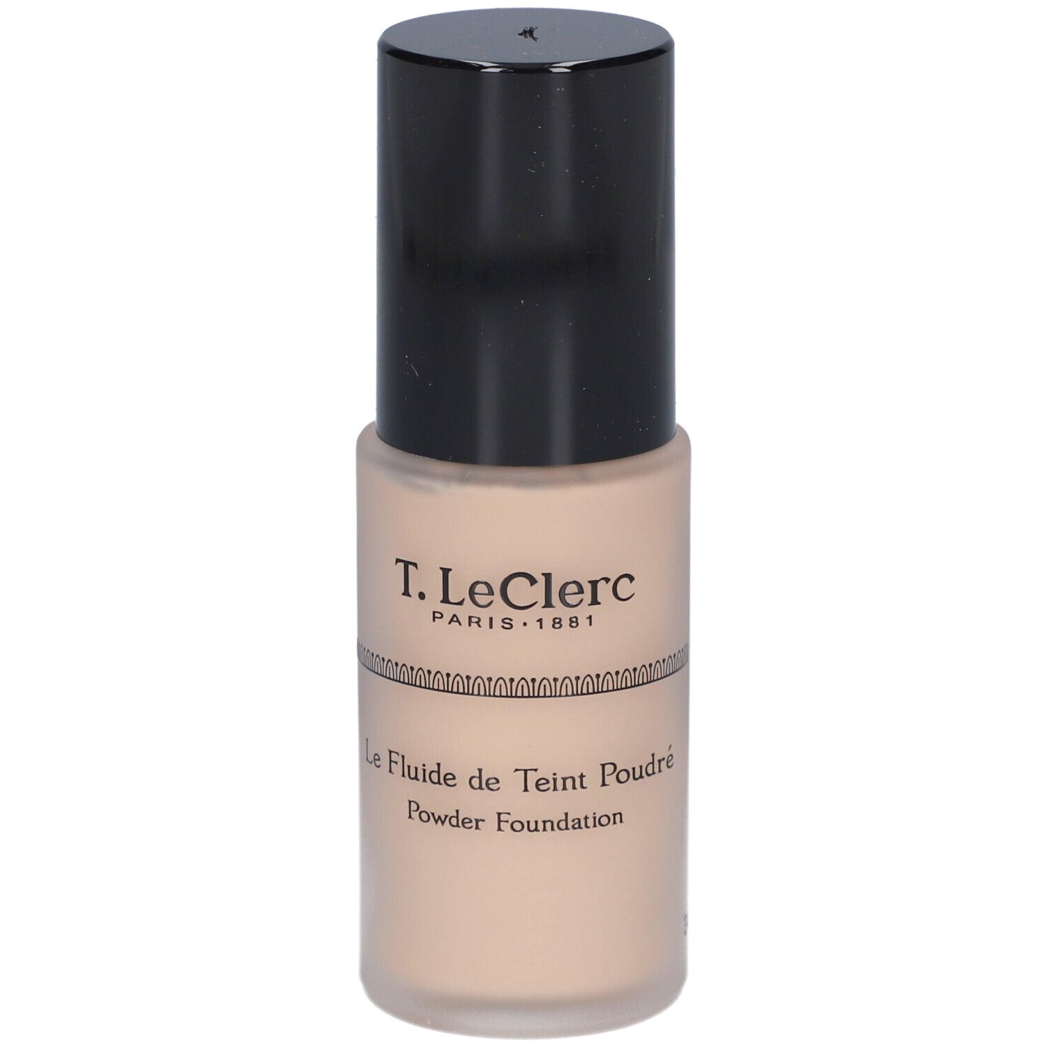 Fond de teint fluide beige dans un flacon cylindrique avec bouchon noir. Inscription : T. LeClerc, Le Fluide de Teint Poudré.