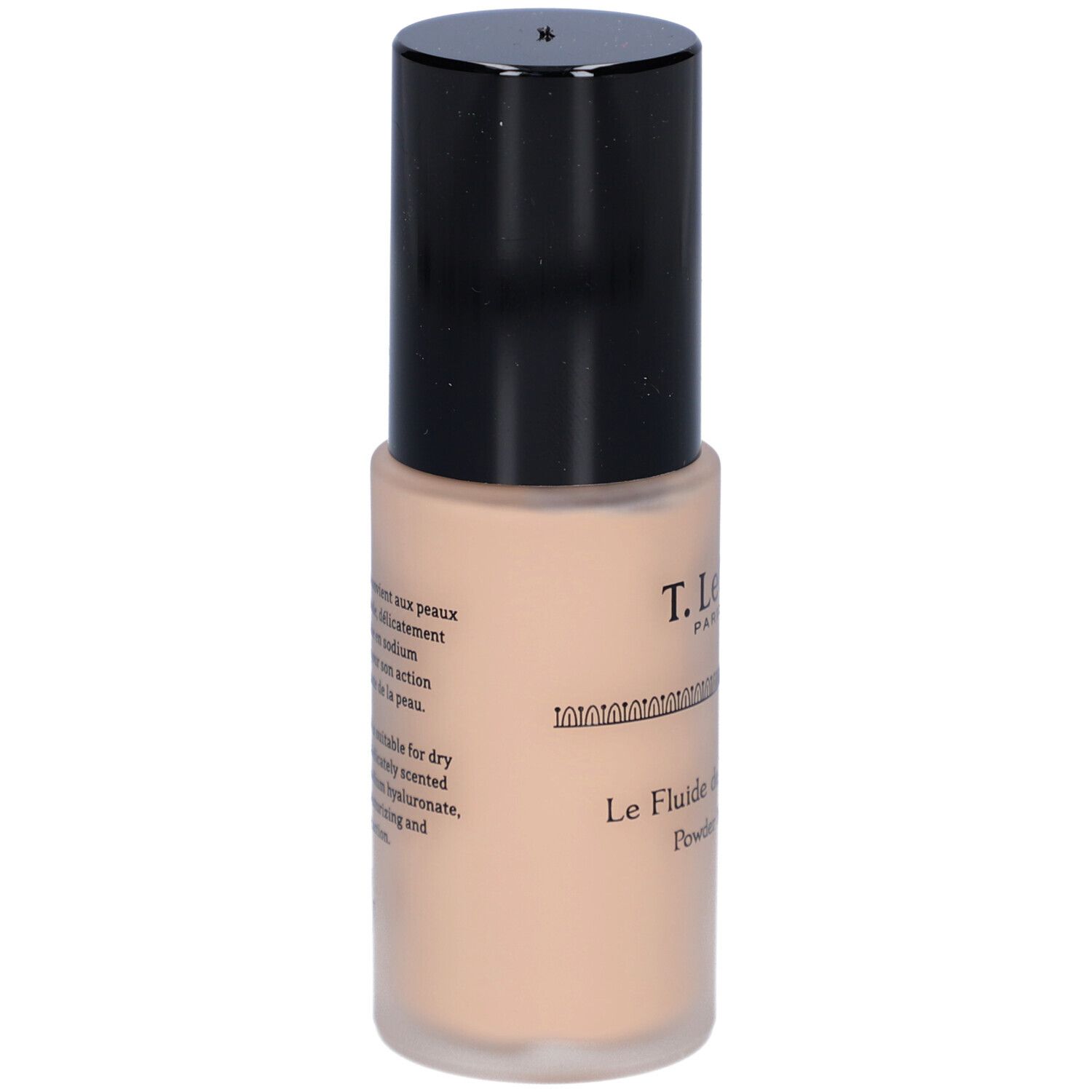 Fond de teint fluide beige dans un flacon cylindrique avec bouchon noir. Texte sur le flacon.