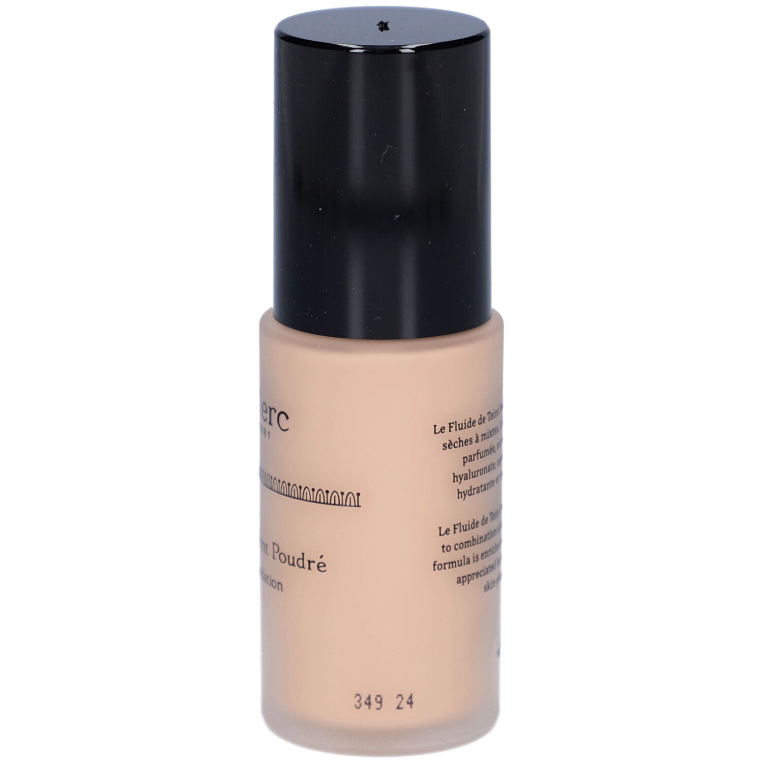 Fond de teint fluide beige dans un flacon cylindrique avec bouchon noir. Texte sur le flacon, numéro 349 24.