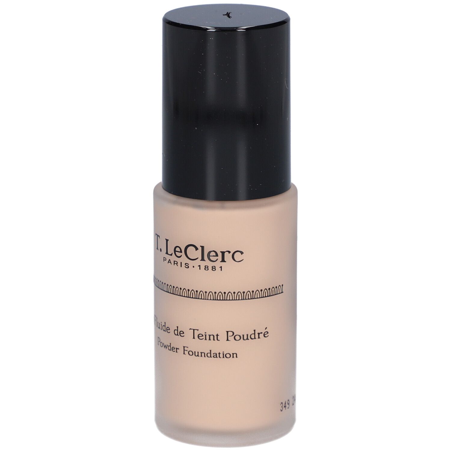 Fond de teint fluide beige dans un flacon cylindrique avec bouchon noir. Inscription : T. LeClerc, Le Fluide de Teint Poudré.