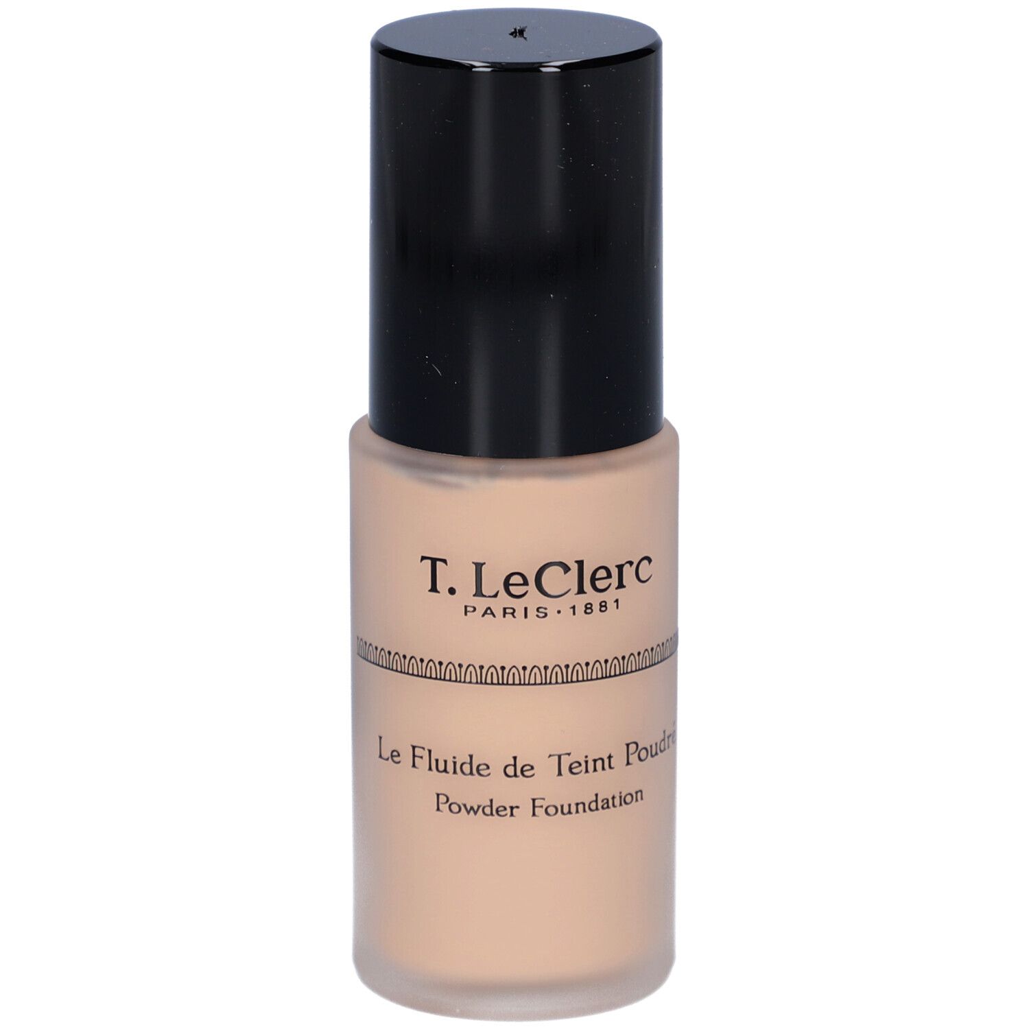 Fond de teint fluide beige dans un flacon cylindrique avec bouchon noir. Inscription : T. LeClerc, Le Fluide de Teint Poudré.
