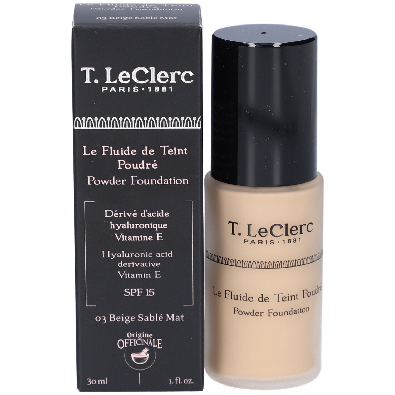 Fond de teint et boîte. Inscription : T. LeClerc, Le Fluide de Teint Poudré, Powder Foundation, SPF 15, 03 Beige Sablé Mat.