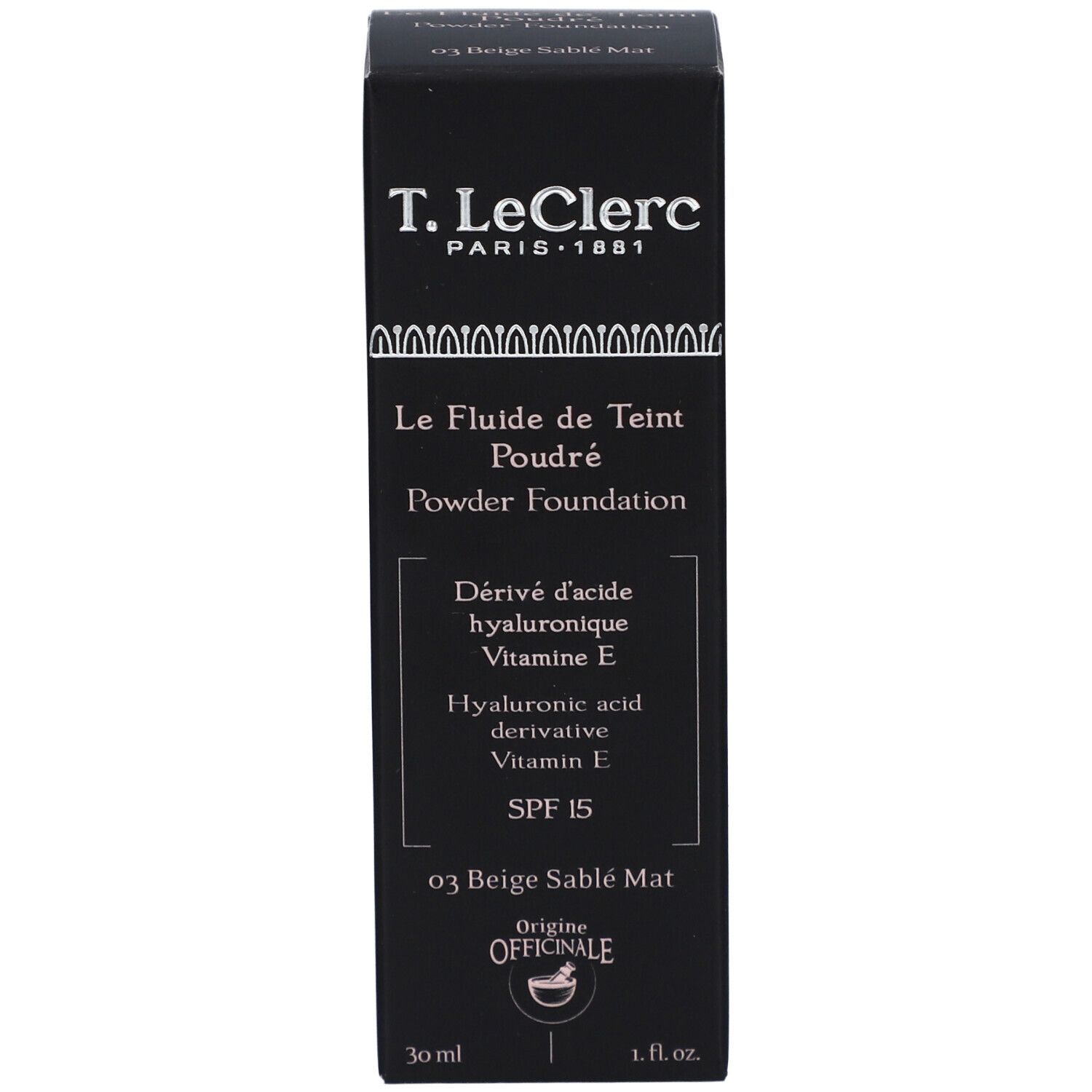 Boîte noire avec inscription : T. LeClerc, Le Fluide de Teint Poudré, Powder Foundation, SPF 15, 03 Beige Sablé Mat.