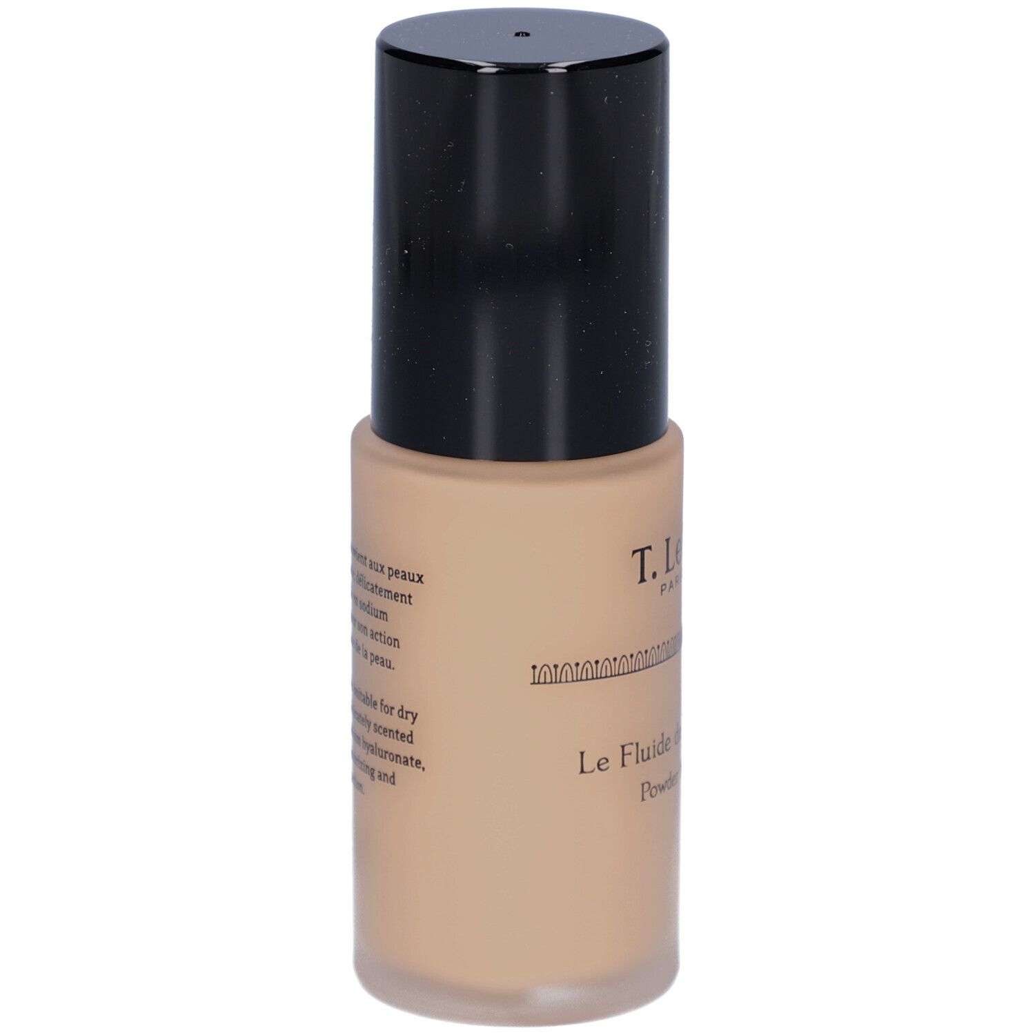 Flacon de fond de teint liquide beige avec bouchon noir. Texte sur l'étiquette.