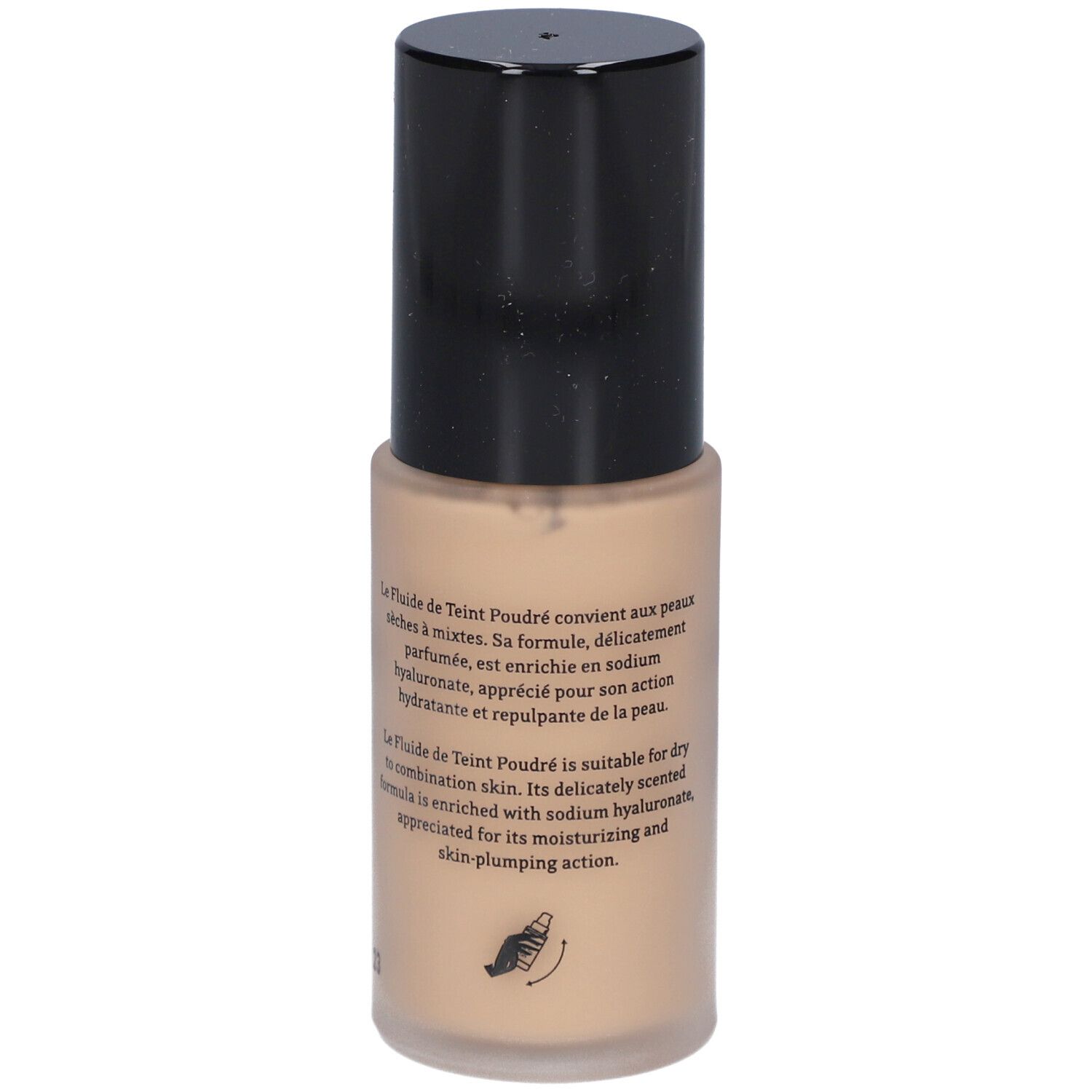 Flacon de fond de teint liquide beige avec bouchon noir. Texte sur l'étiquette.