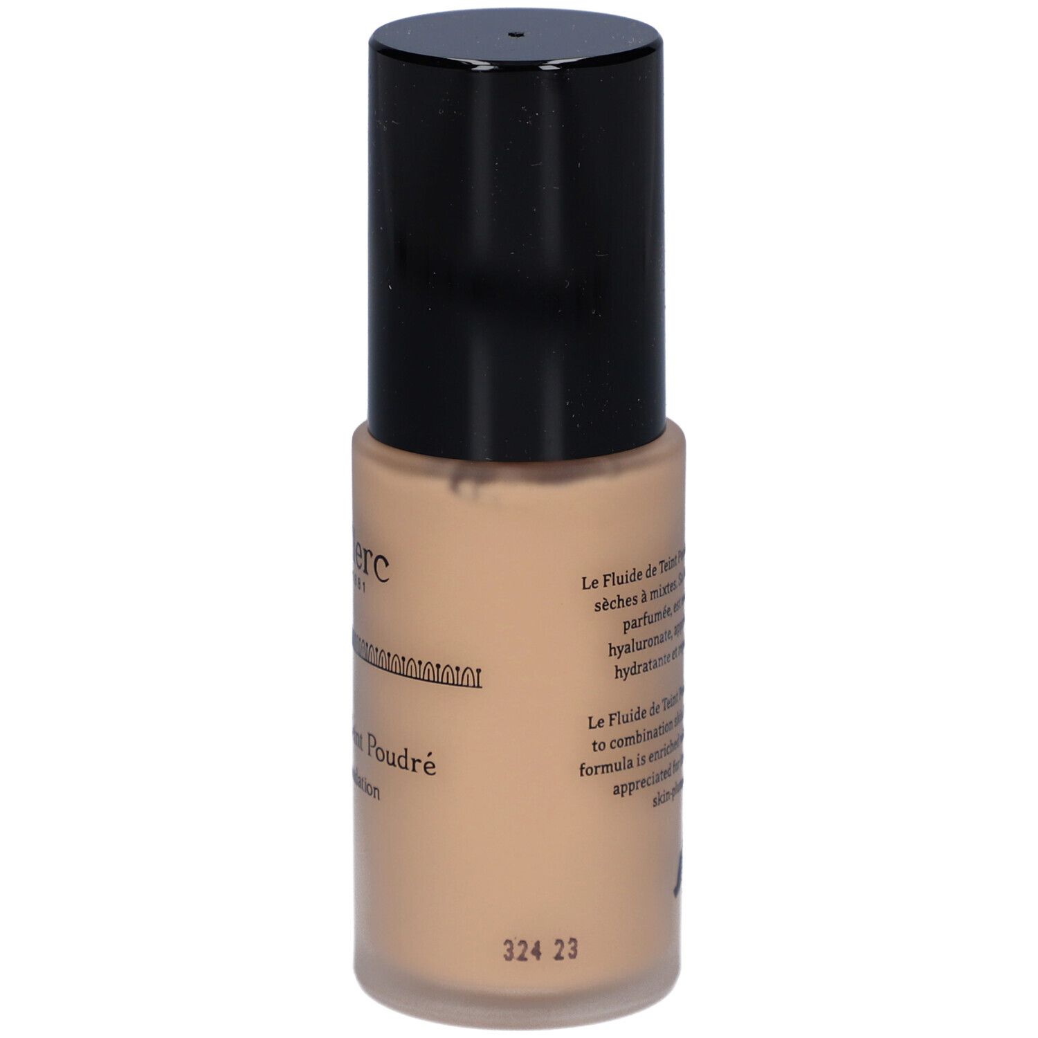 Flacon de fond de teint liquide beige avec bouchon noir. Texte sur l'étiquette, avec un numéro en dessous.