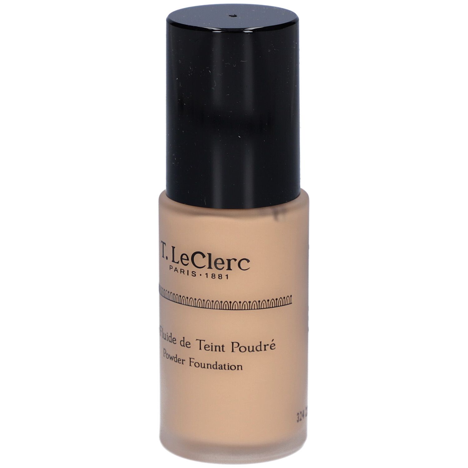 Flacon de fond de teint liquide beige avec bouchon noir. Inscription : T. LeClerc, Le Fluide de Teint Poudré, Powder Foundation.