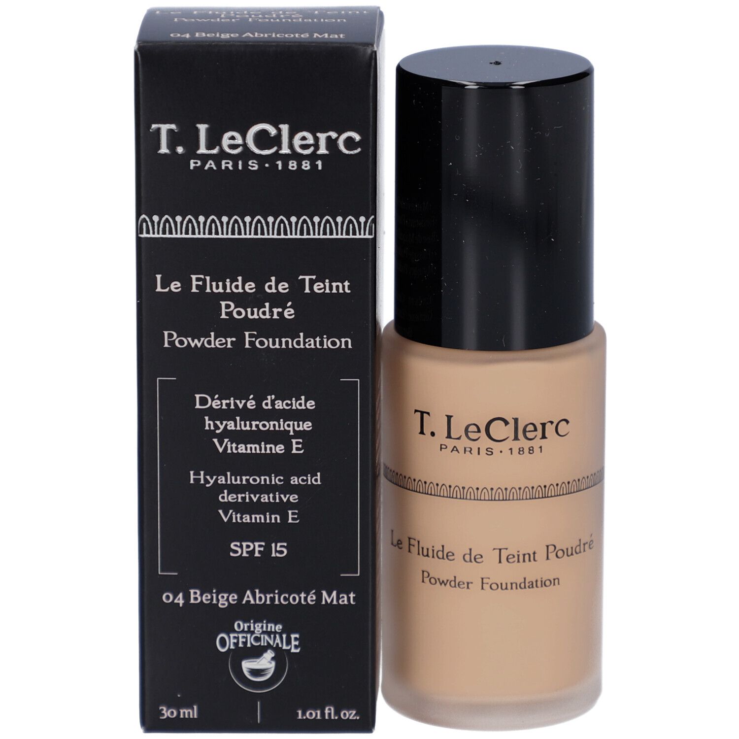 Flacon de fond de teint liquide et boîte. Inscription : T. LeClerc, Le Fluide de Teint Poudré, Powder Foundation, SPF 15.