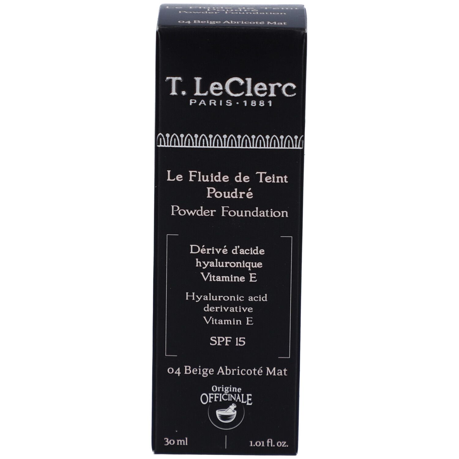 Boîte noire avec flacon de fond de teint liquide. Inscription : T. LeClerc, Le Fluide de Teint Poudré, Powder Foundation, SPF 15.