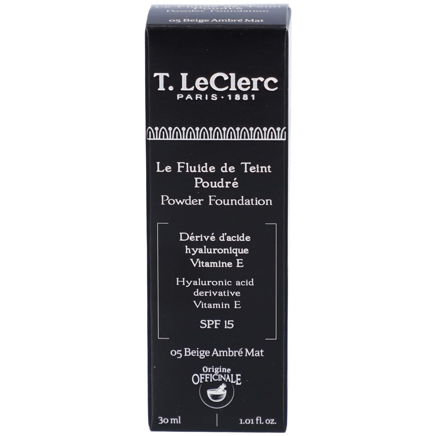 Emballage du fond de teint fluide mat T. LeClerc. Boîte noire. Inscription: Le Fluide de Teint Poudré.