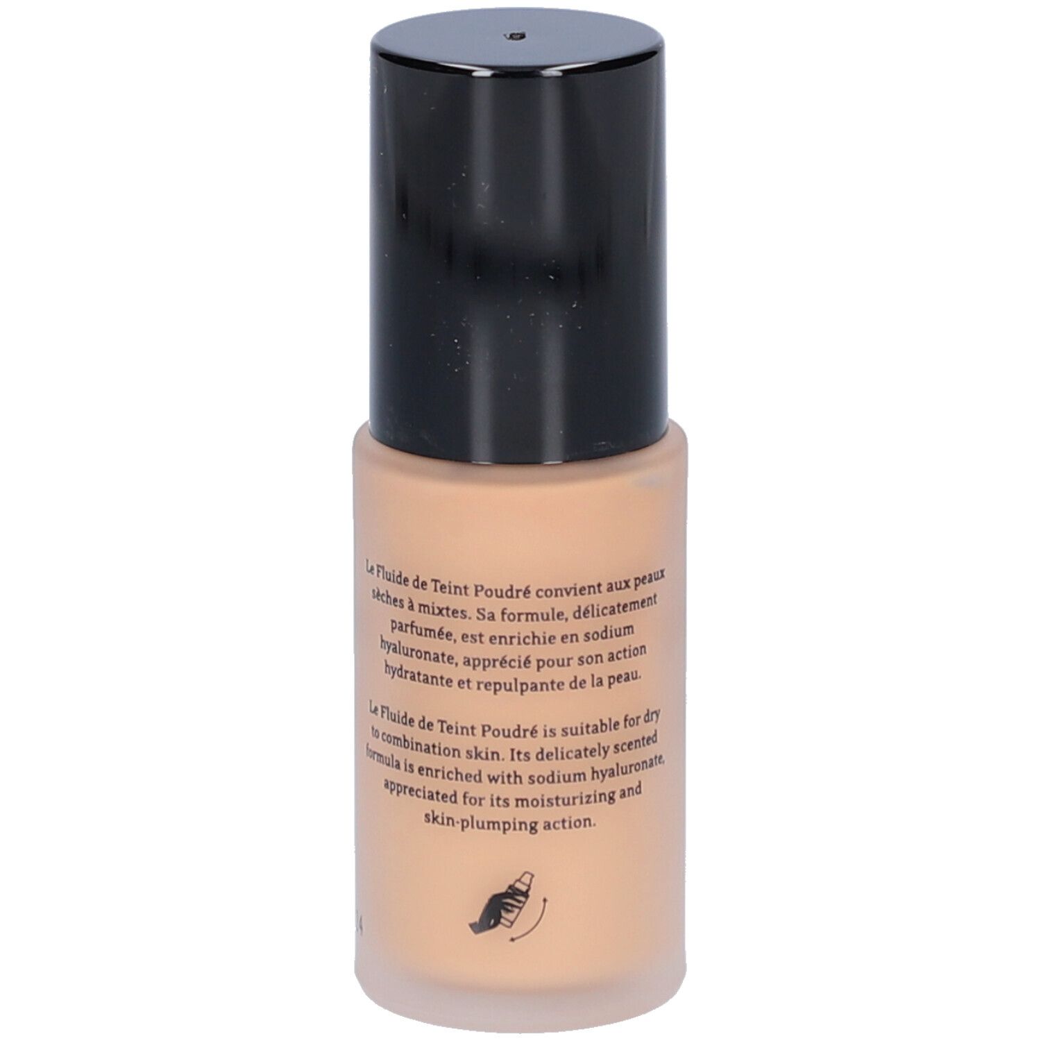 Flacon de fond de teint fluide beige avec bouchon noir. Texte en français. Symbole de main.