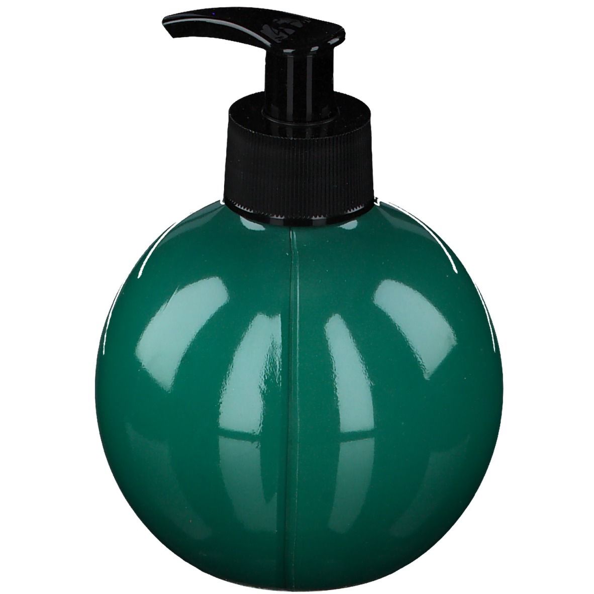 Flacon de savon pour les mains vert, rond, avec pompe noire. Ligne verticale au centre du flacon.