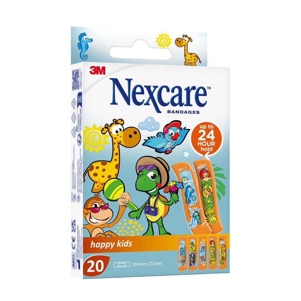 Boîte de 20 pansements Nexcare happy kids. Motifs animaux de la jungle. Dimensions 19 mm x 72 mm. Logo 3M.