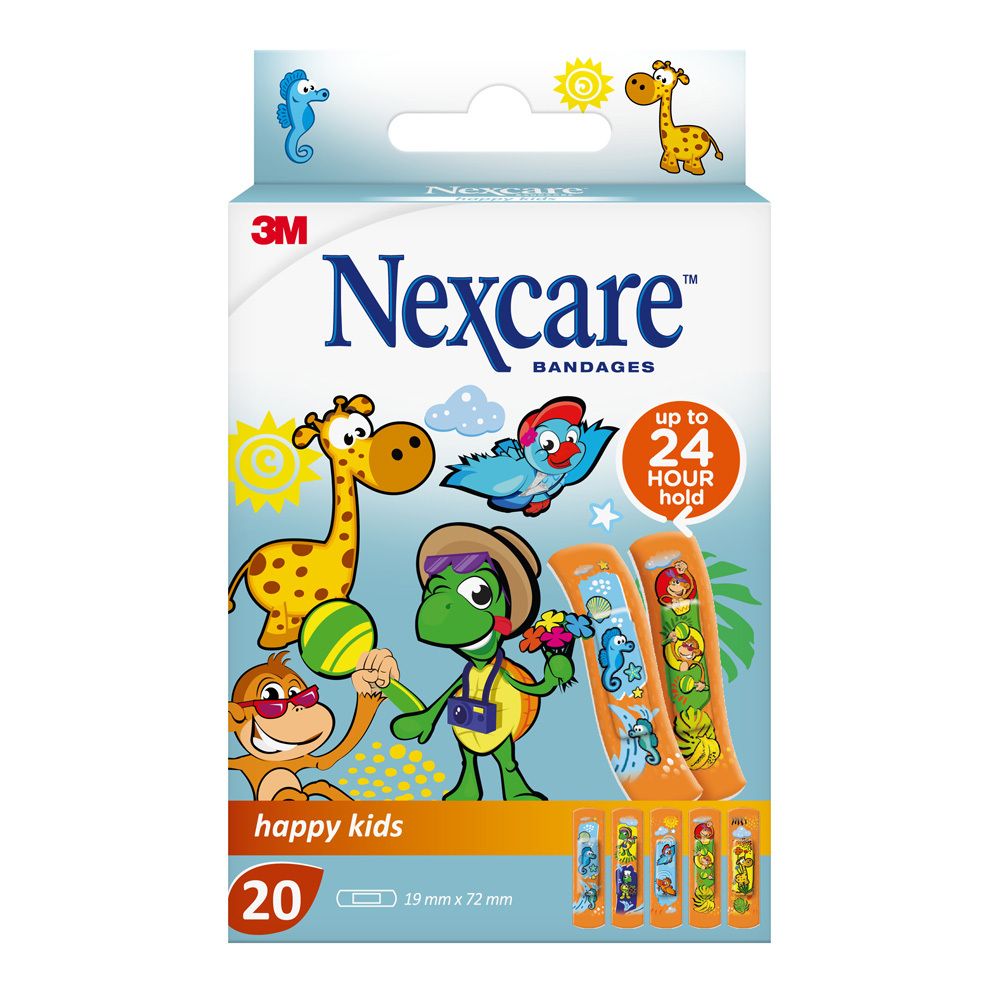 Boîte de 20 pansements Nexcare happy kids. Motifs animaux de la jungle. Dimensions 19 mm x 72 mm. Logo 3M.