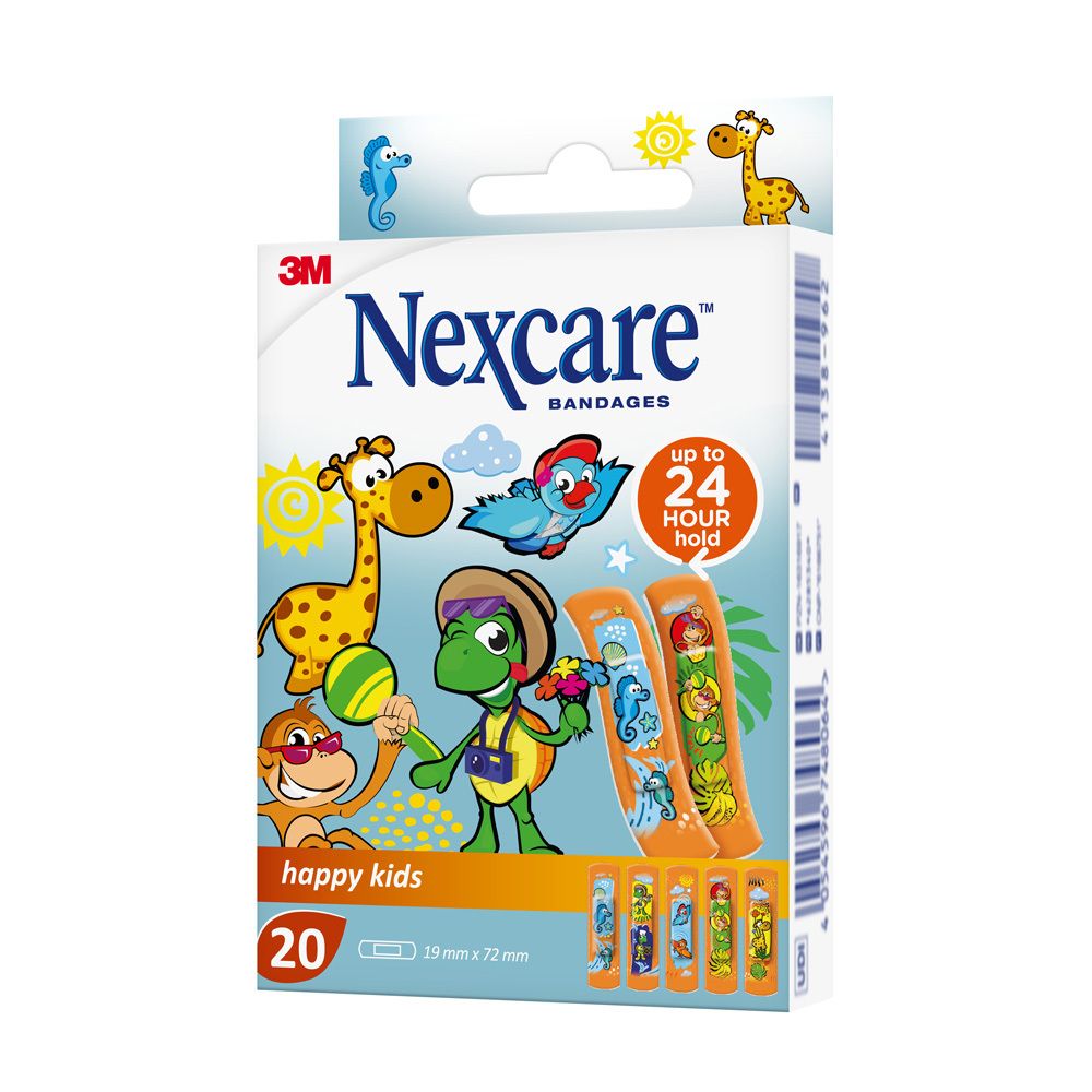 Boîte de 20 pansements Nexcare happy kids. Motifs animaux de la jungle. Dimensions 19 mm x 72 mm. Logo 3M.