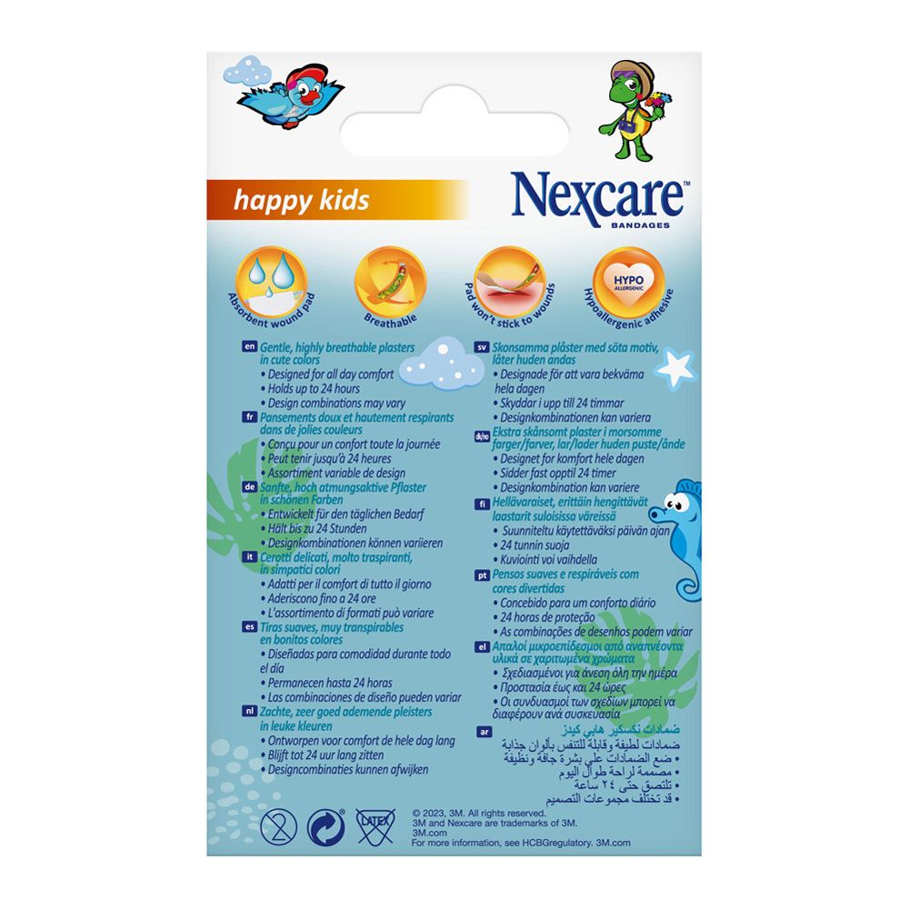 Dos de l'emballage. Informations sur les pansements Nexcare happy kids. Multilingue. Icônes et texte.