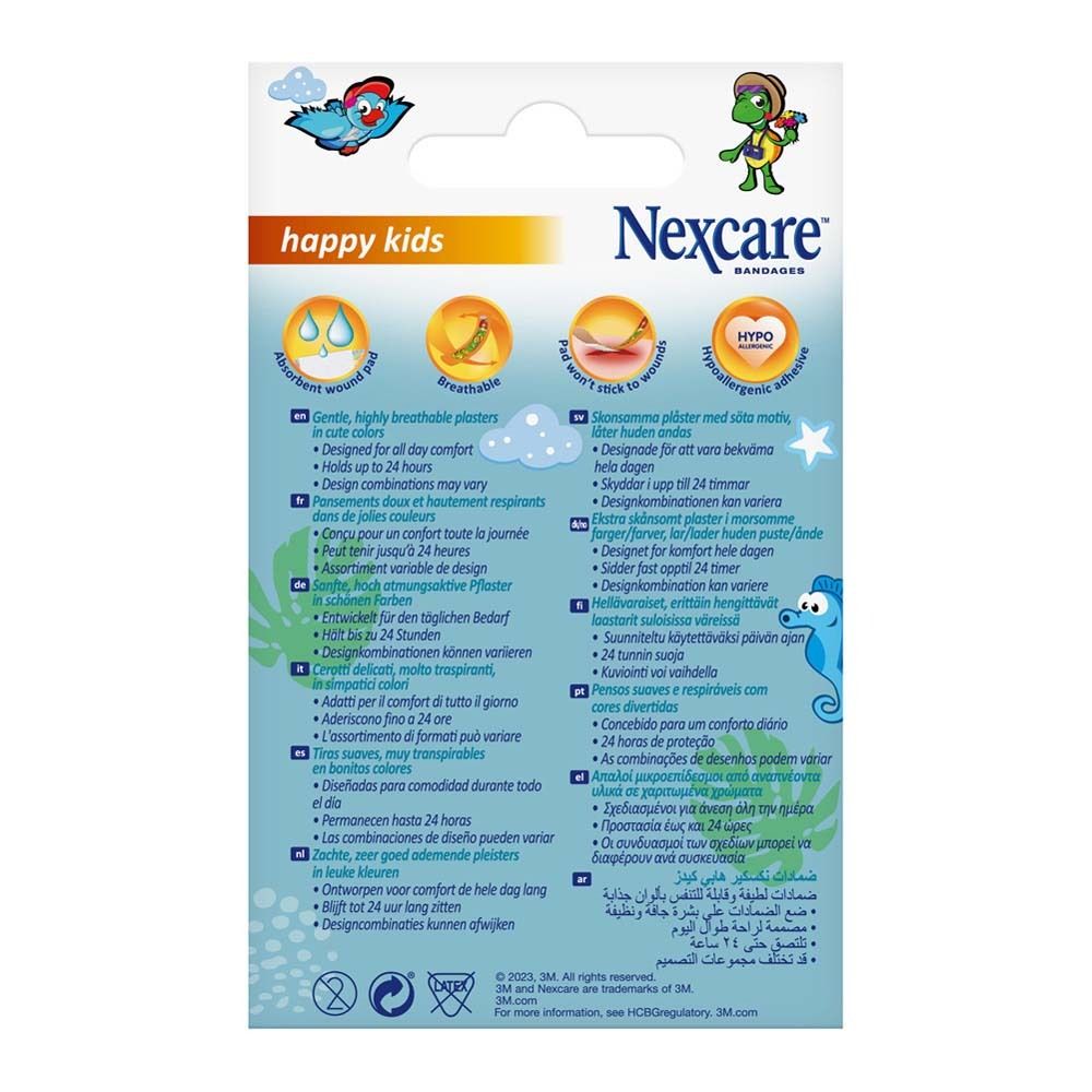 Dos de la boîte. Texte multilingue. Illustrations de pansements et caractéristiques : respirant, hypoallergénique, etc.