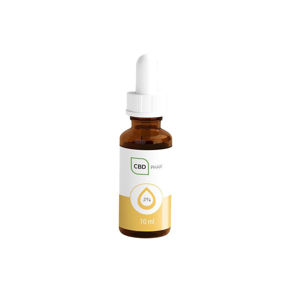 Flacon en verre brun avec compte-gouttes blanc. Étiquette avec logo, 5% et 10 ml. CBD-PHA® CBD-Öl.