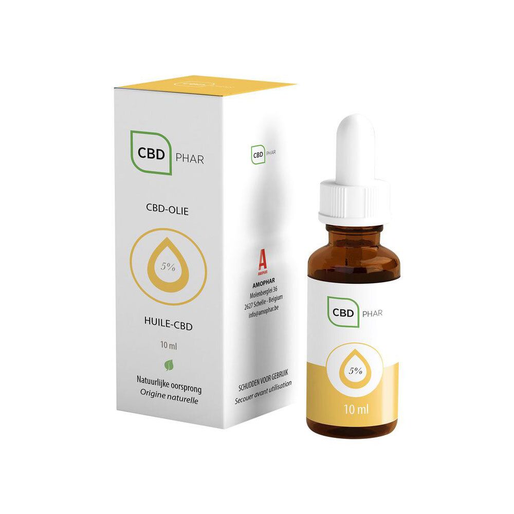 Emballage du produit avec flacon. Boîte blanche avec logo, CBD-Öl, 5% et 10 ml. Flacon brun avec compte-gouttes.